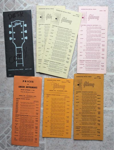 1960s and 70s Gibson guitar price lists: 1961, 1965, 1966, 1967, 1968 and 1970