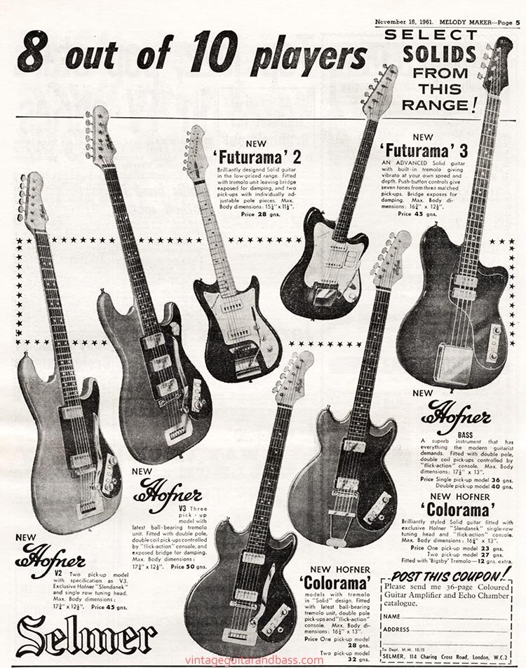 Hofner advertisement (1961) 8 out of 10 players select solids from this range