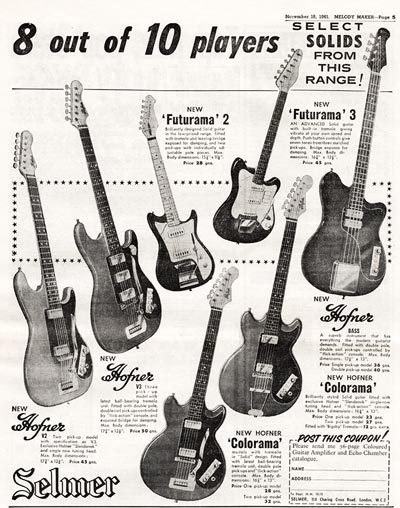 November 1961 advert for Hofner and Futurama solid bodies