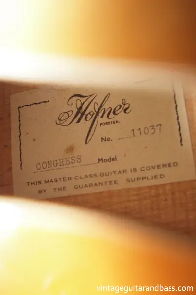 1961 Hofner Congress soundhole label with model designation and serial number