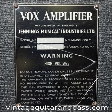 Aluminium identification plate from a 1965 Vox AC4 guitar amp