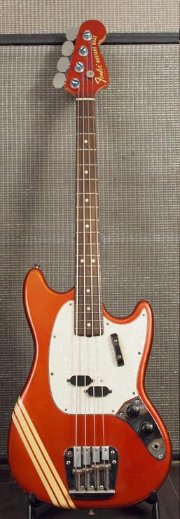 1969 Fender Competition Red Mustang bass with Fender Bassman 100 amplifier - front view