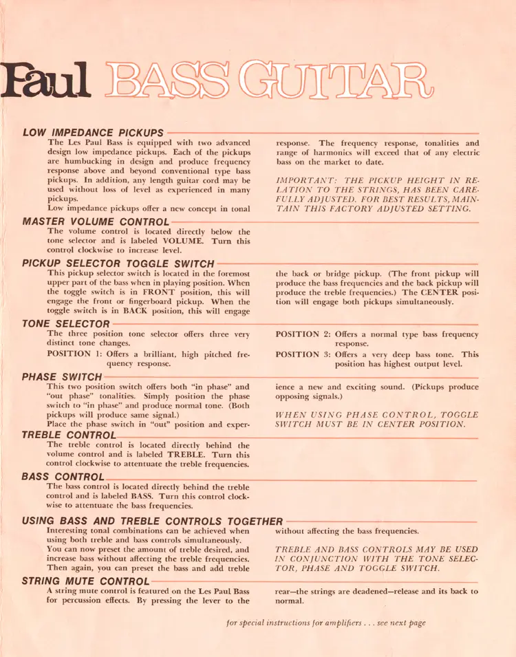 1969 Gibson Les Paul bass owners manual, page 3: Les Paul Bass control descriptions