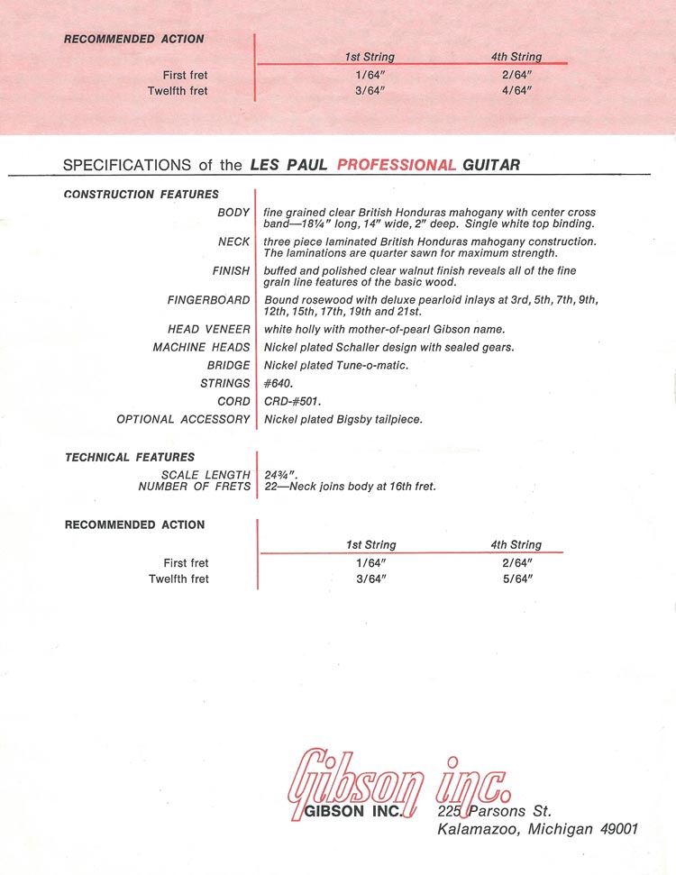 1969 Gibson Les Paul Personal / Professional owners manual, page 6: Les Paul Professional specifications