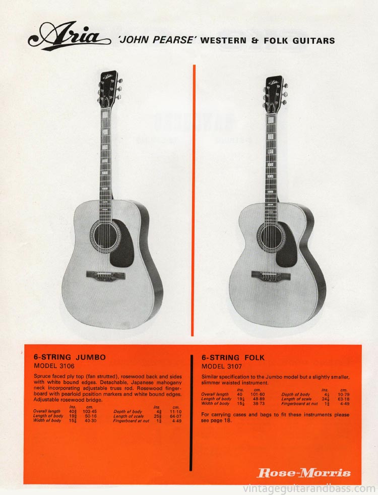 1970 Rose Morris guitar catalog page 10 - details of the Aria John Pearse Jumbo and Folk acoustics