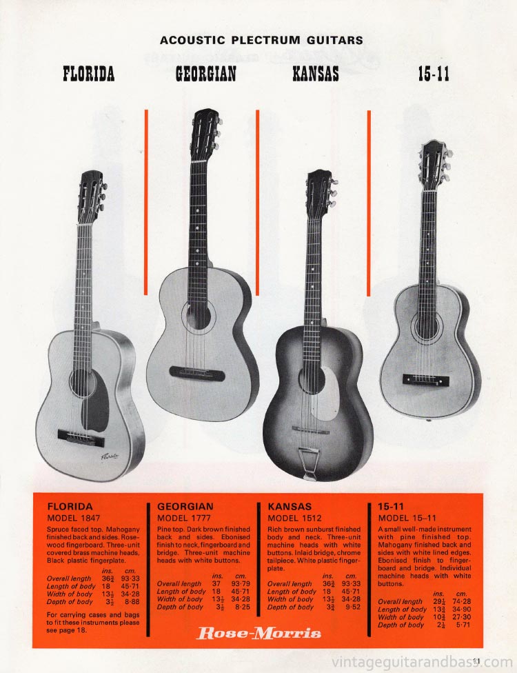 1970 Rose Morris guitar catalog page 11 - Rose-Morris Florida, Georgian, Kansas and 15-11 acoustic plectrum guitars