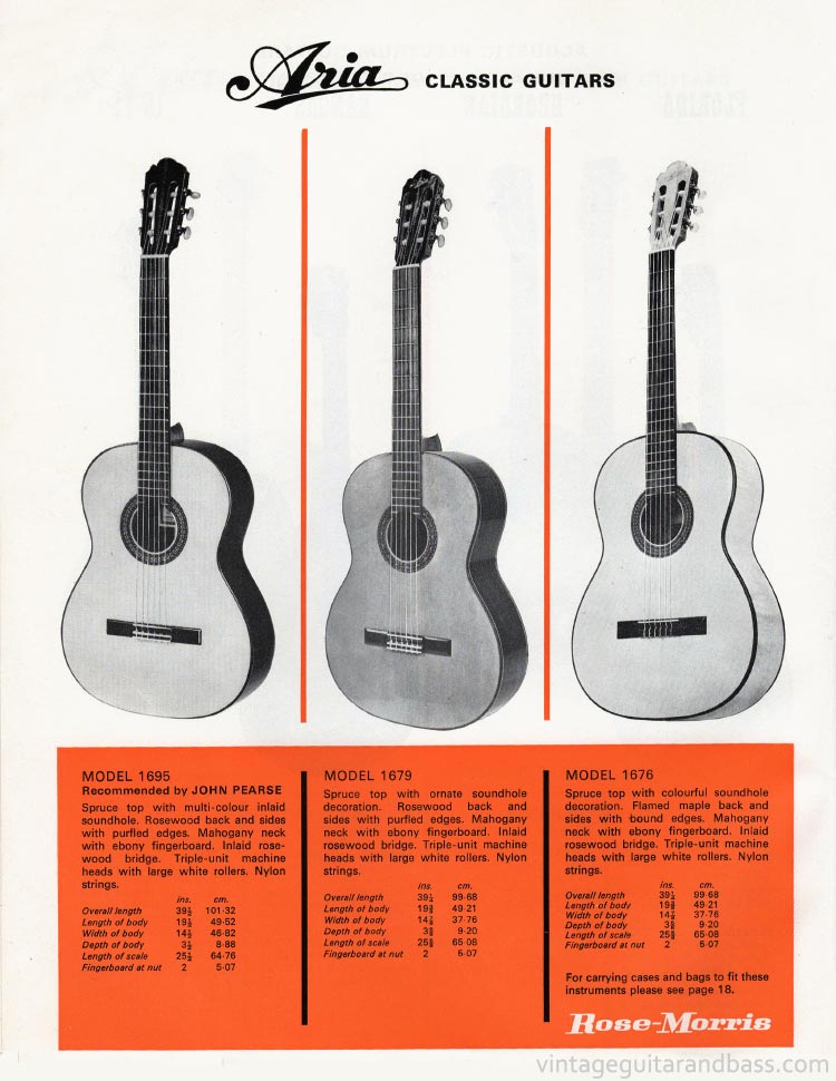 1970 Rose Morris guitar catalog page 12 - Aria 1676, 1679 and 1695 classic guitars