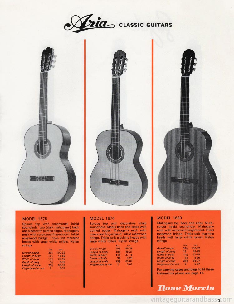 1970 Rose Morris guitar catalog page 13 - Aria 1674, 1675 and 1680 classic guitars