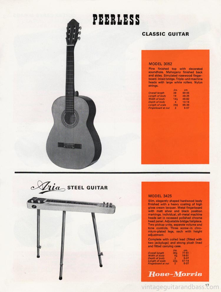 1970 Rose Morris guitar catalog page 17 - Peerless 3052 classic guitar and Aria 3425 steel guitar