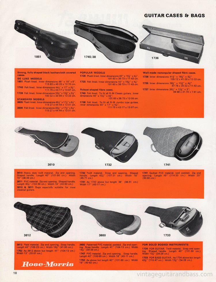 1970 Rose Morris guitar catalog page 18 - cases available from Rose Morris