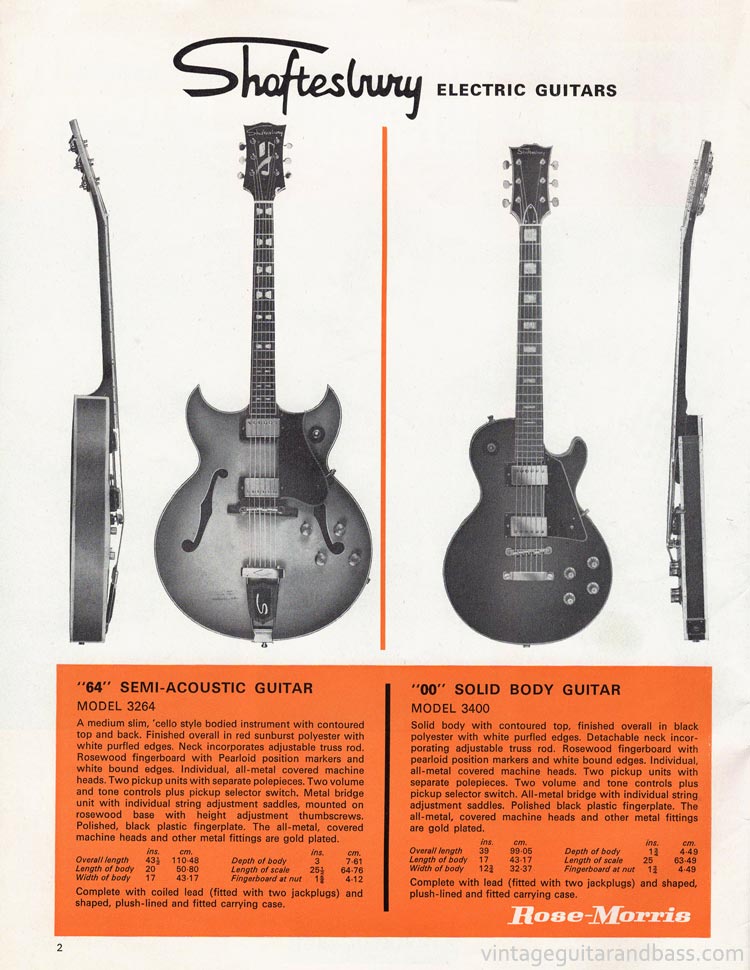 1970 Rose Morris guitar catalog page 2 - Shaftesbury 3264 and 3400
