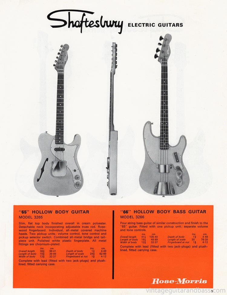 1970 Rose Morris guitar catalog page 3 - Shaftesbury 3265 and 3266 bass