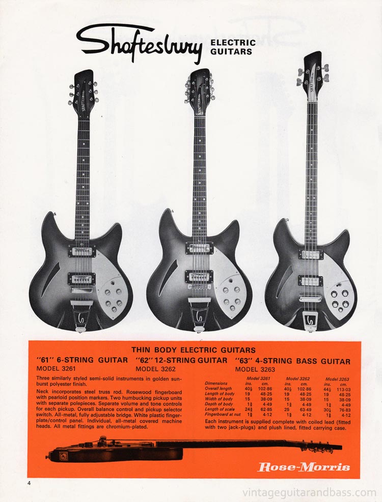 1970 Rose Morris guitar catalog page 4 - Shaftesbury 3261, 3262, and 3263 bass