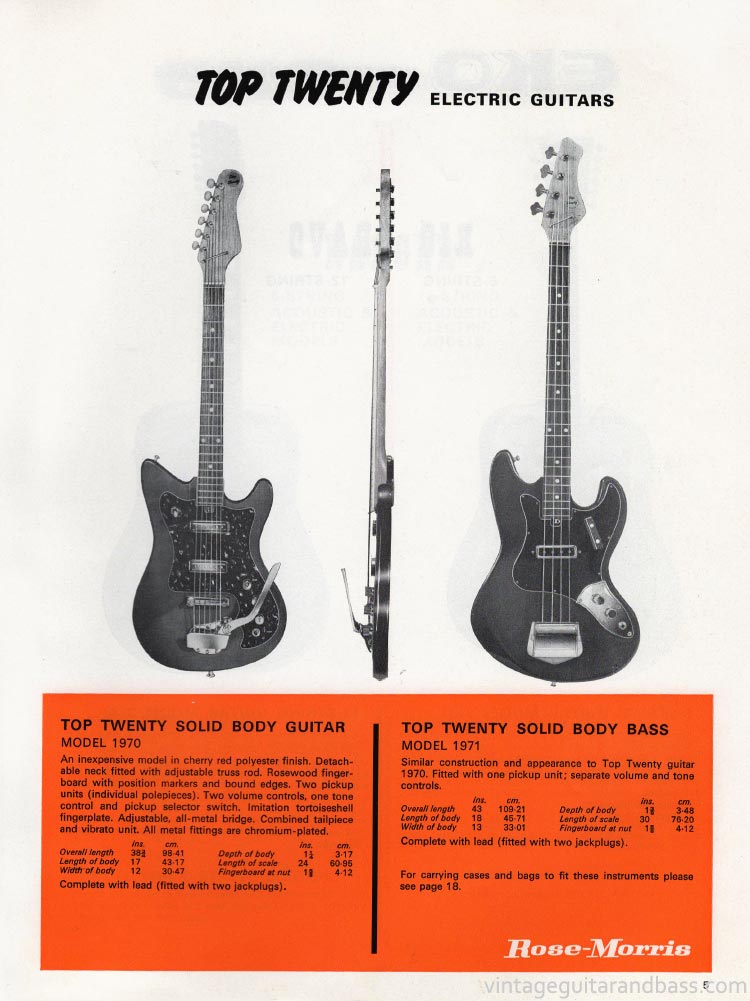 1970 Rose Morris guitar catalog page 5 - details of the Top Twenty 1970 guitar, and 1971 bass