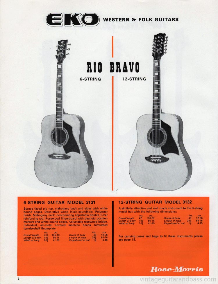 1970 Rose Morris guitar catalog page 6 - details of the Eko Rio Bravo six and twelve string acoustics