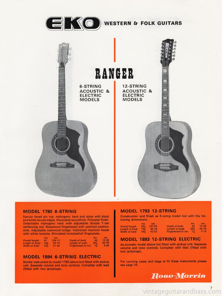 1970 Rose Morris guitar catalog page 7 - details of the Eko Ranger, models 1780, 1793, 1893 and 1894