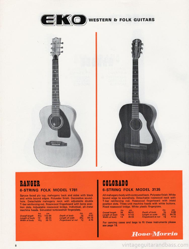1970 Rose Morris guitar catalog page 8 - details of the Eko Ranger Folk and Eko Colorado acoustic guitars