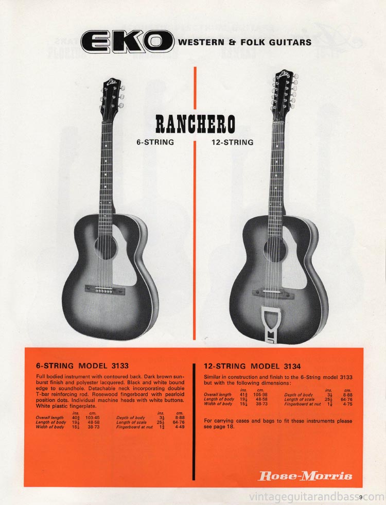 1970 Rose Morris guitar catalog page 9 - details of the six and twelve string Eko Ranchero