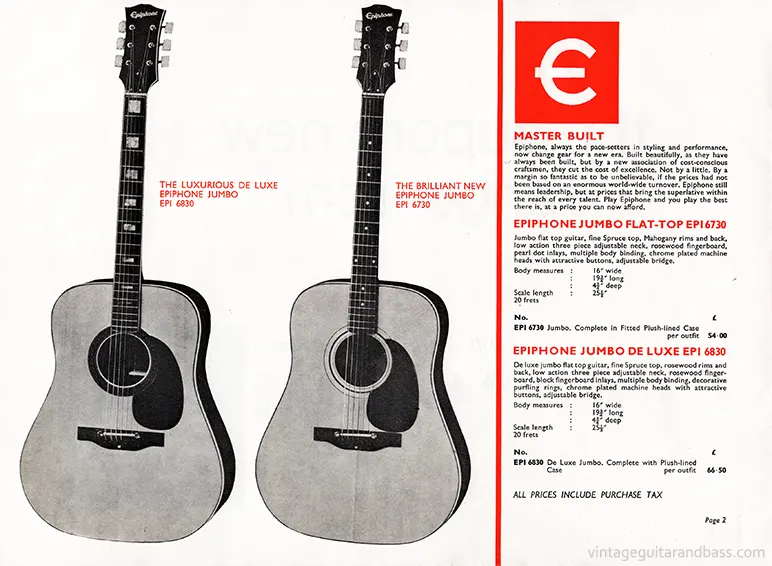 1970 Rosetti Epiphone catalog page 2: Epiphone Jumbo Flat-Top 6730 and Epiphone Jumbo Deluxe 6830 acoustic guitars
