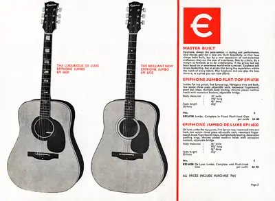 1970 Rosetti Epiphone catalogue page 2 - Epiphone 6730 and 6830 Jumbo flat-top acoustics