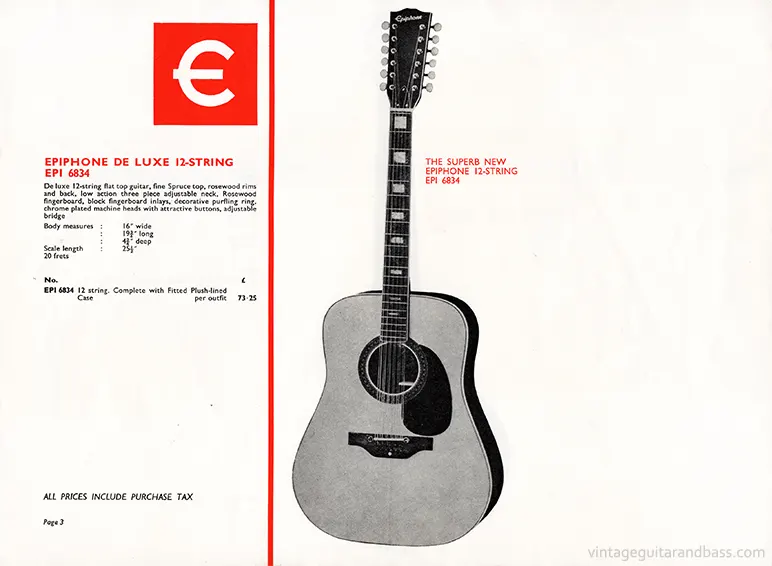 1970 Rosetti Epiphone catalog page 3: Epiphone De Luxe 12-String Acoustic model 6834