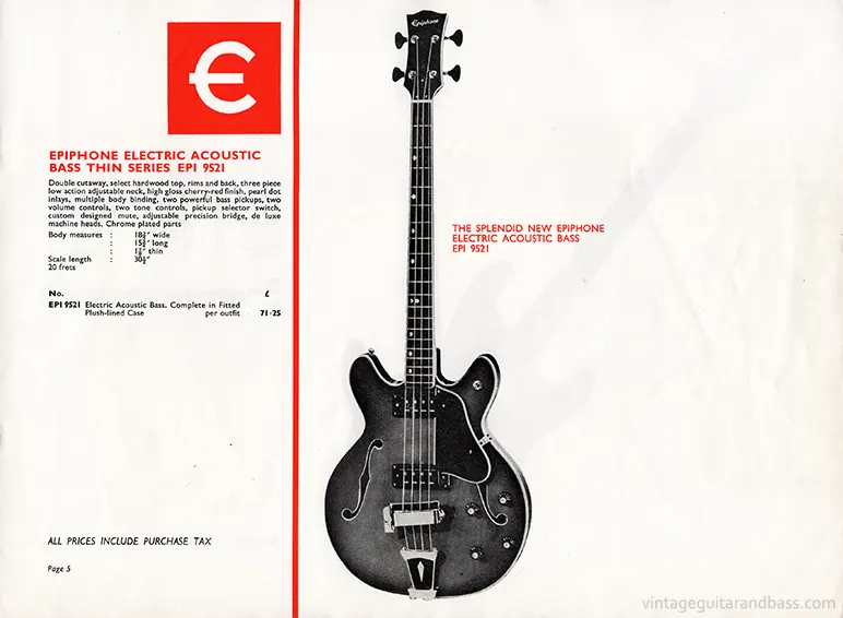 1970 Rosetti Epiphone catalog page 5: Epiphone 9521 Bass (5120 / EA-260)