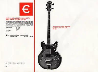 1970 Rosetti Epiphone catalogue page 5 - Epiphone 9521 semi-acoustic bass guitar