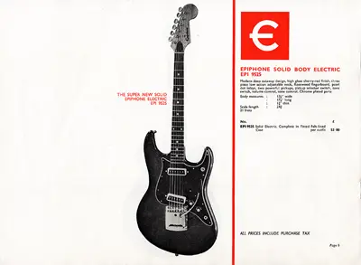 1970 Rosetti Epiphone catalogue page 6 - Epiphone 9525 solid body electric guitar