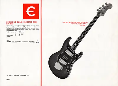 1970 Rosetti Epiphone catalogue page 7 - Epiphone 9526 solid body electric bass