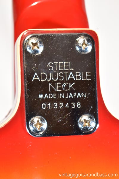 Commodore N25 neck plate with serial number. Early 1970s Matsumoku guitars typically had STEEL ADJUSTABLE NECK in capitals above MADE IN JAPAN and the serial number