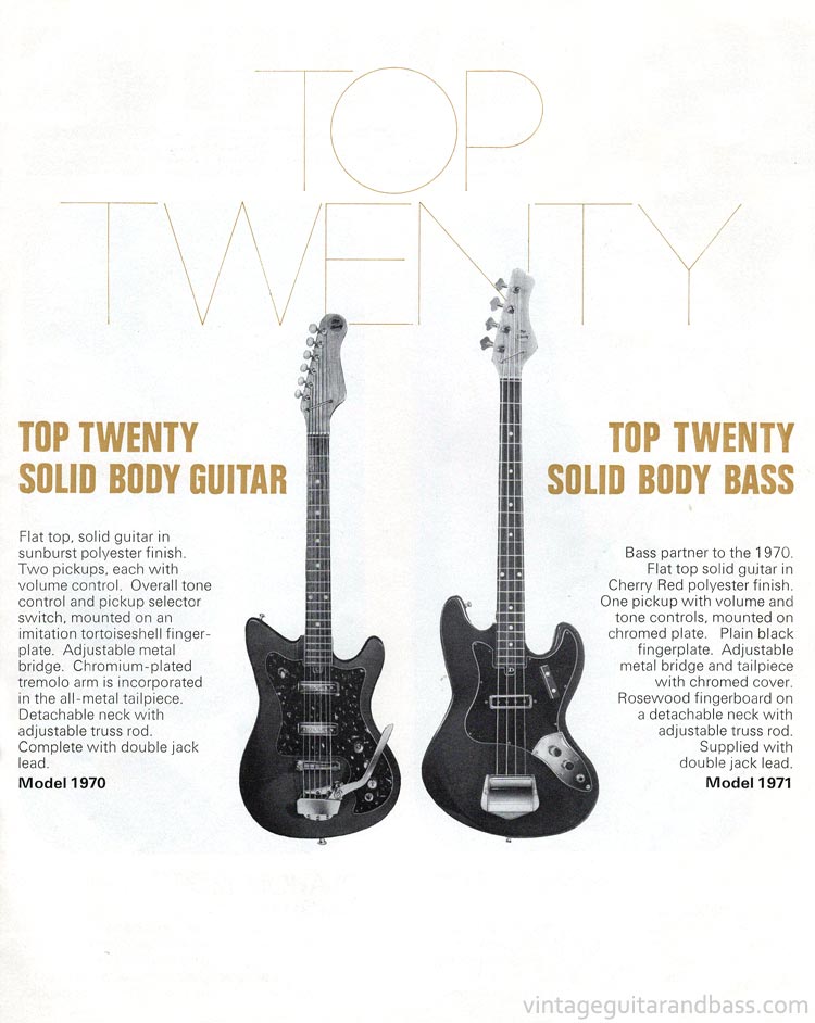1971 Rose-Morris guitar catalog page 7 - details of the Top Twenty guitar and bass