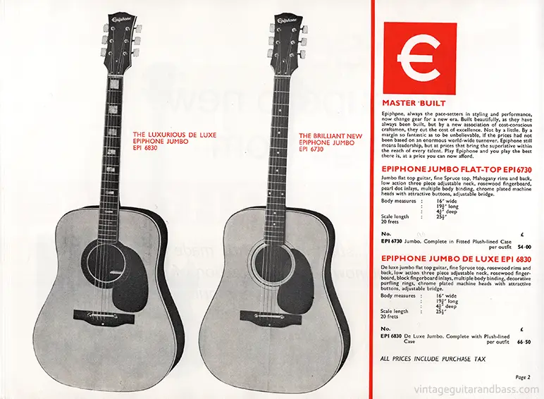 1971 Rosetti Epiphone catalog page 2: Epiphone Jumbo Flat-Top 6730 and Epiphone Jumbo Deluxe 6830 acoustic guitars