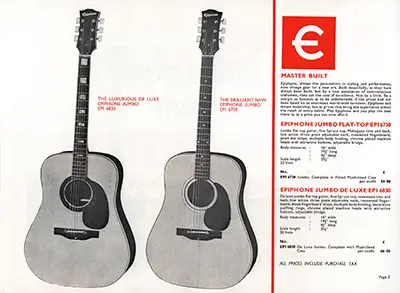 1971 Rosetti Epiphone catalogue page 2 - Epiphone 6730 and 6830 Jumbo flat-top acoustics