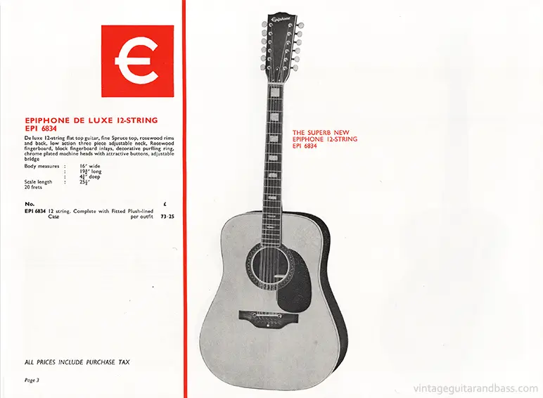 1971 Rosetti Epiphone catalog page 3: Epiphone 6834 De Luxe 12-String Acoustic