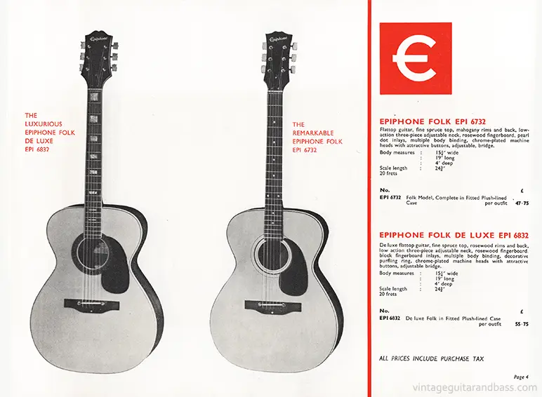 1971 Rosetti Epiphone catalog page 4: Epiphone 6732 / 6832 Folk Guitars