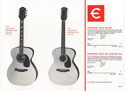 1971 Rosetti Epiphone catalogue page 4 - Epiphone 6732 and 6832 folk acoustics