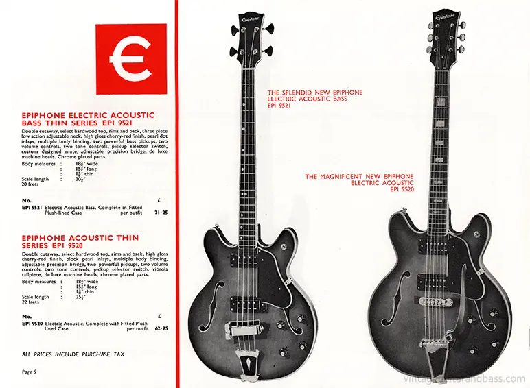 1971 Rosetti Epiphone catalog page 5: Epiphone 9520 and 9521 Bass (5102T/EA-250 and 5120/EA-260)