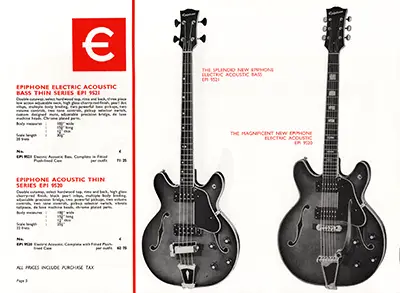 1971 Rosetti Epiphone catalogue page 5 - Epiphone 9520 semi-acoustic guitar and 9521 semi-acoustic bass