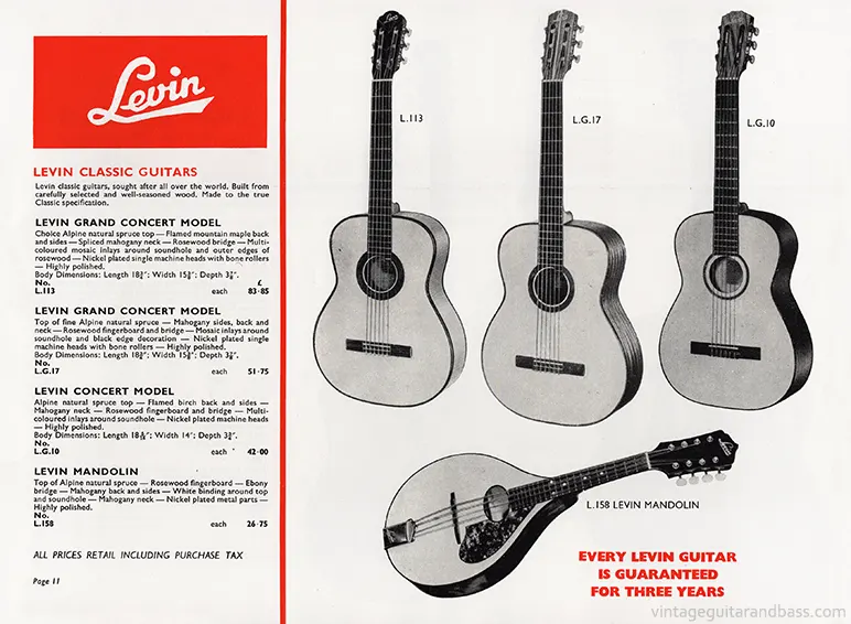 1971 Rosetti catalog page 11: Levin Classic Guitars: Grand Concert L.113, Grand Concert L.G.17, Concert L.G.10 and Mandolin L.158