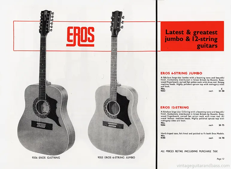 1971 Rosetti catalog page 12: Epiphone Jumbo Flat-Top 6730 and Eros 6-string and 12-string Jumbo acoustics