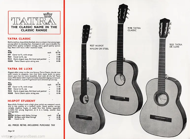 1971 Rosetti catalog page 13: Tatra Classic, Tatra De Luxe and Hi Spot acoustic guitars