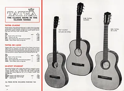1971 Rosetti catalogue page 13 - Tatra Classic, Tatra De Luxe and Hi Spot acoustic guitars