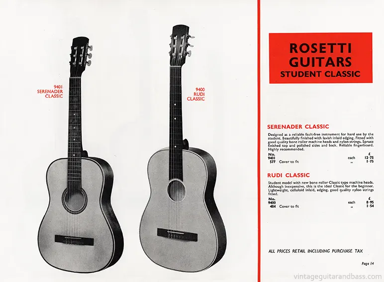1971 Rosetti catalog page 14: Epiphone 6732 / 6832 Folk Guitars