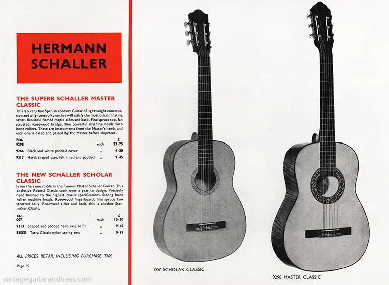 1971 Rosetti catalog page 15: Schaller Master Classic and Scholar Classic acoustics