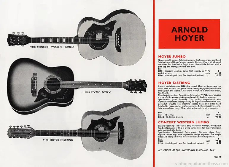 1971 Rosetti catalog page 16: Hoyer Jumbo, 12-String and Concert Western Jumbo