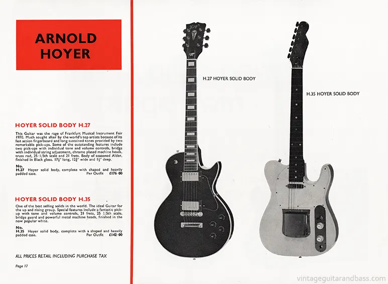 1971 Rosetti catalog page 17: Hoyer H.27 and Hoyer H.35 electric guitars