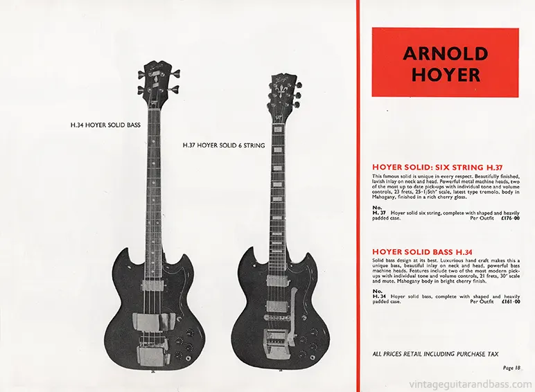 1971 Rosetti catalog page 18: Hoyer H.37 six string electric and Hoyer H.34 bass