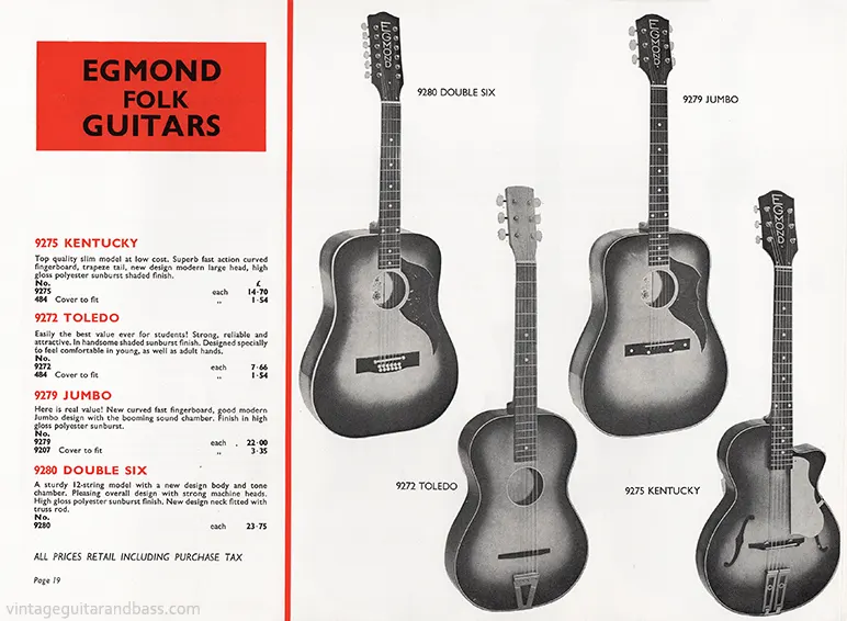 1971 Rosetti catalog page 19: Egmond Folk acoustic guitars, models: Kentucky, Toledo, Jumbo and Double Six