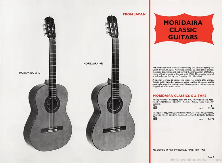 1971 Rosetti catalog page 2: Moridaira 9510 and 9511 acoustic guitars