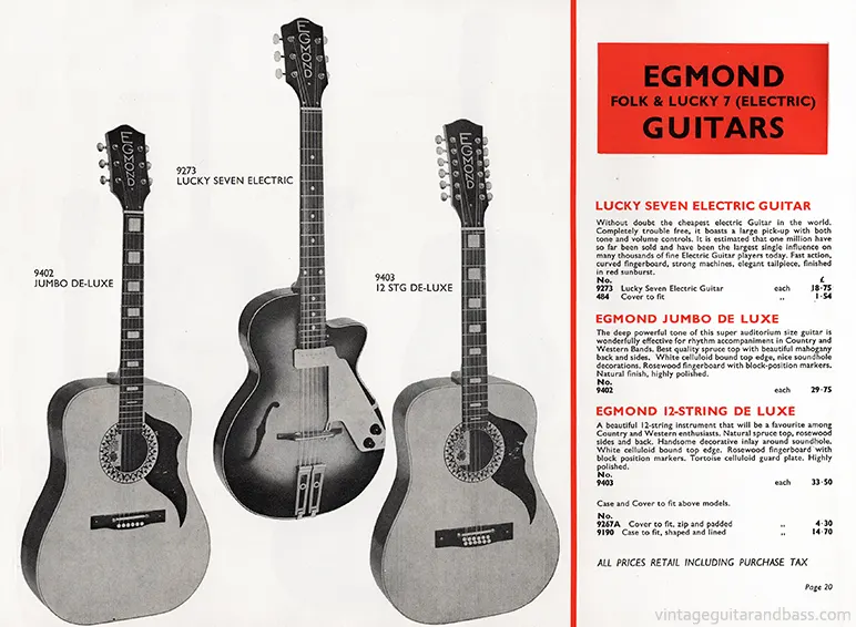 1971 Rosetti catalog page 20: Egmond Lucky Seven, Jumbo De Luxe and 12-String De Luxe